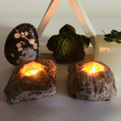 Lepidolite Rough Crystal Candle Holder - You Choose both variants with candles lit