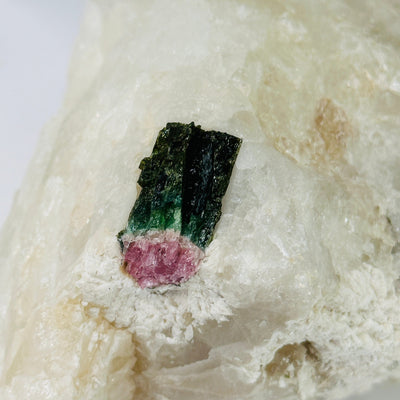 watermelon tourmaline on matrix with decorations in the background