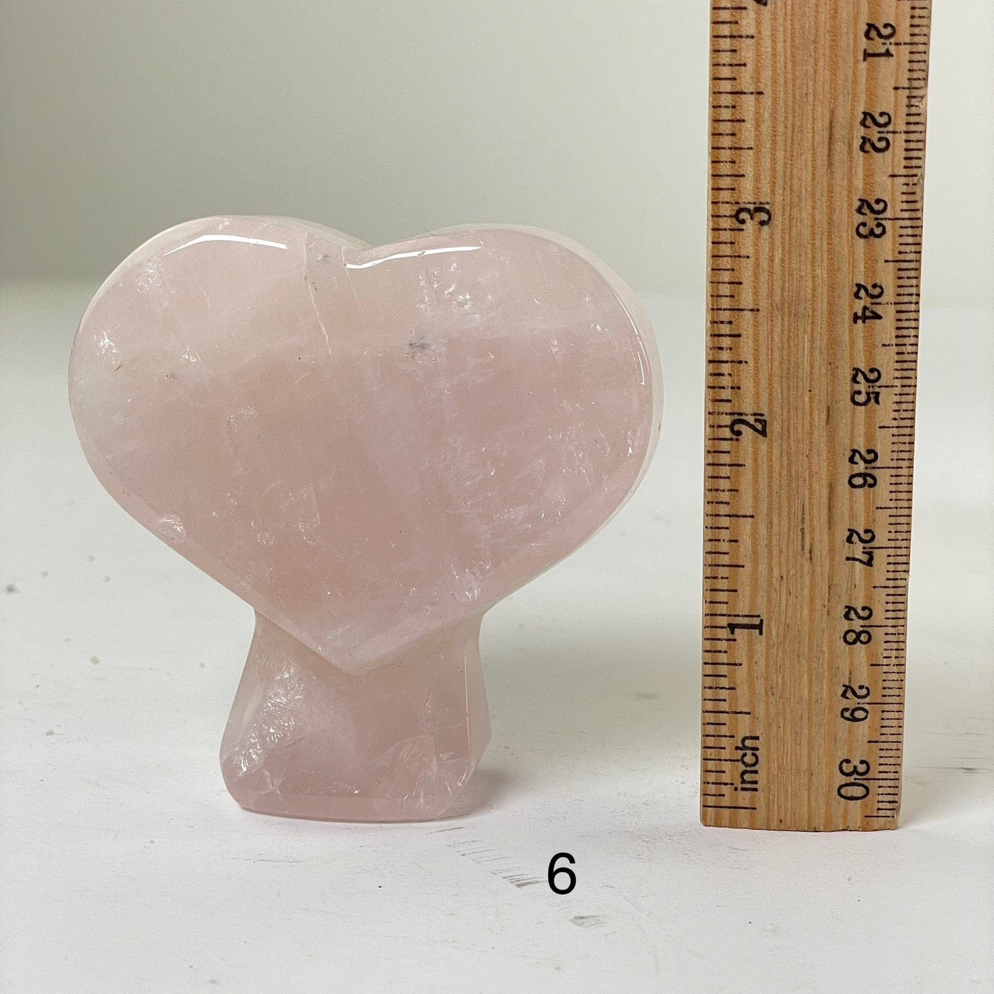 Rose Quartz Crystal Heart on Stand - You Choose variant 6 labeled with ruler for size reference