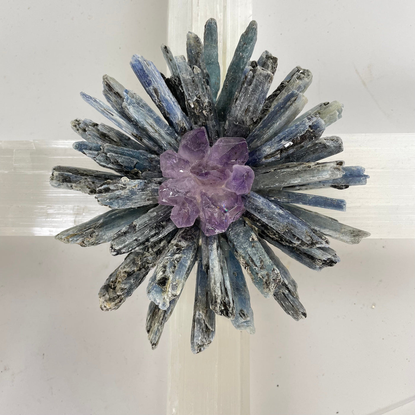 Selenite Blue Kyanite and Amethyst Crystal Cross Wall Hanging - One-of-a-Kind closeup for detail