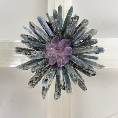 Selenite Blue Kyanite and Amethyst Crystal Cross Wall Hanging - One-of-a-Kind closeup for detail