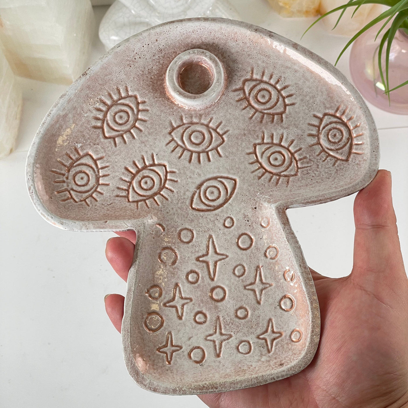 Evil Eye Protection Mushroom Tray with Cone Incense Holder in a hand for size reference