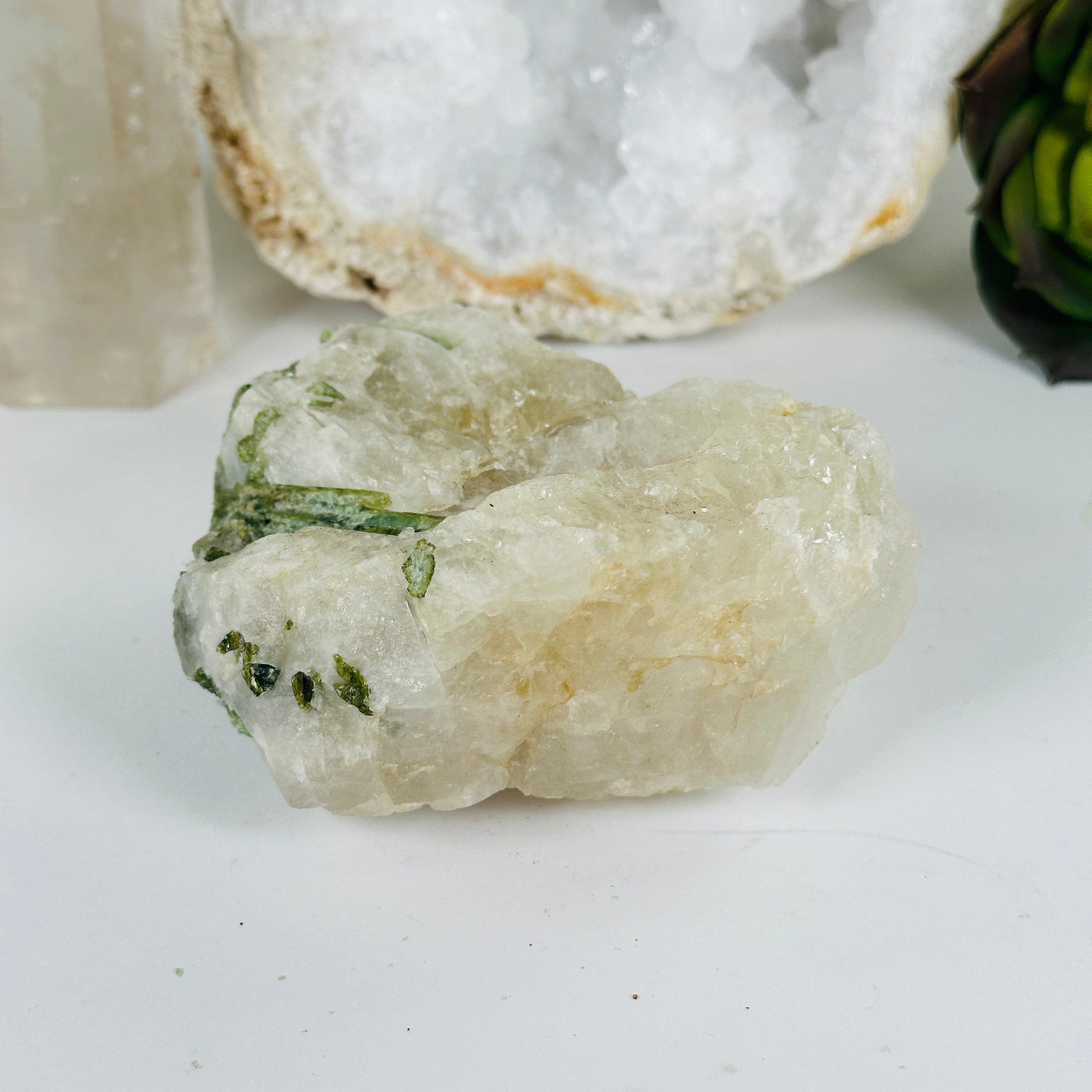 Green Tourmaline Rough Crystal on Quartz Matrix - One-of-a-Kind side view