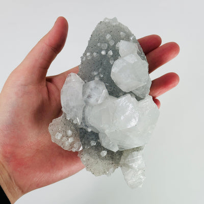 hand holding up zolite with pophyllite