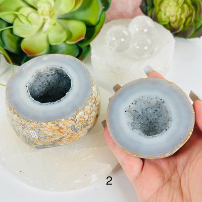 Agate Natural Geode Druzy Crystal Box with Lid - You Choose variant 2 labeled in hand for size reference