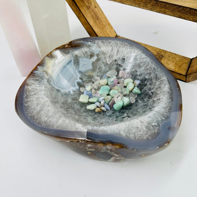 agate bowl with decorations in the background