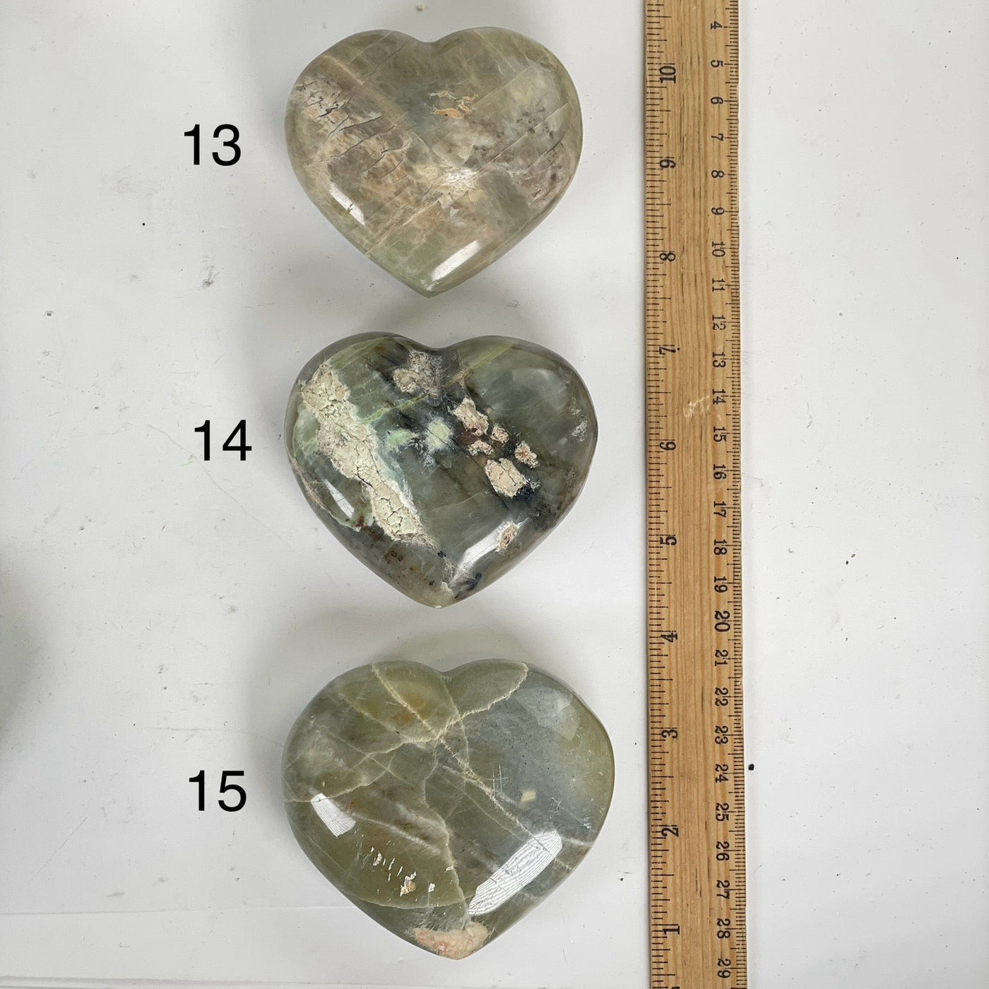 Garnierite Green Moonstone Crystal Heart - You Choose variants 13, 14, and 15 labeled with ruler for size reference