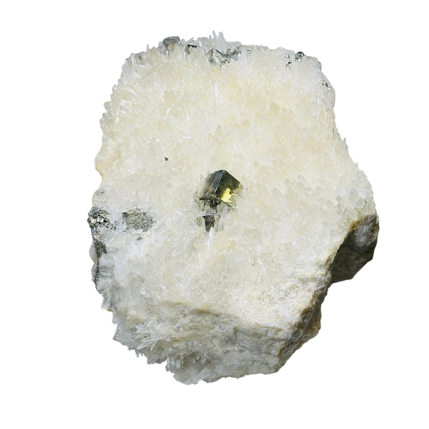 Cubic Pyrite on High Grade Crystal Quartz Cluster - Rare Find side view