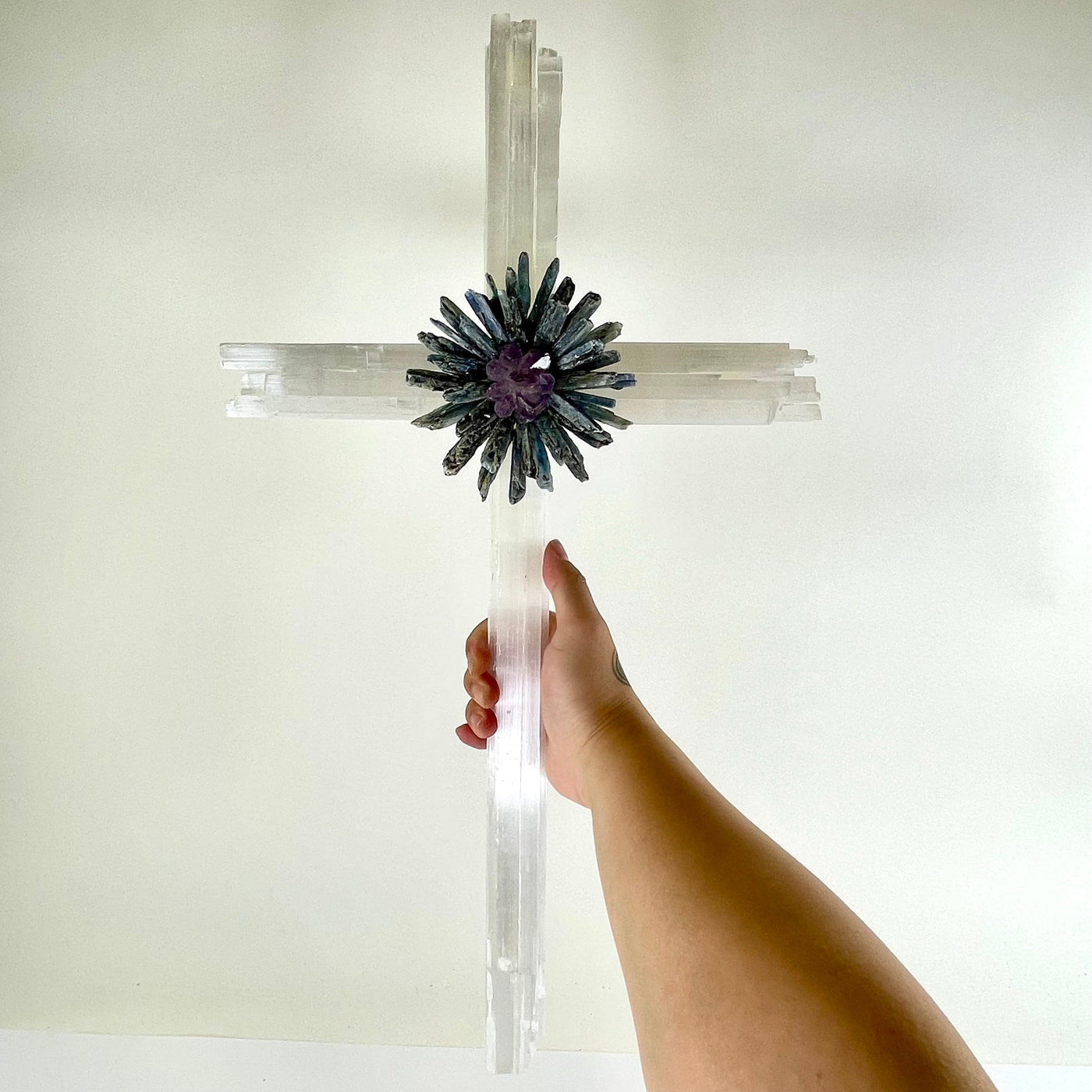 Selenite Blue Kyanite and Amethyst Crystal Cross Wall Hanging - One-of-a-Kind in hand for size reference