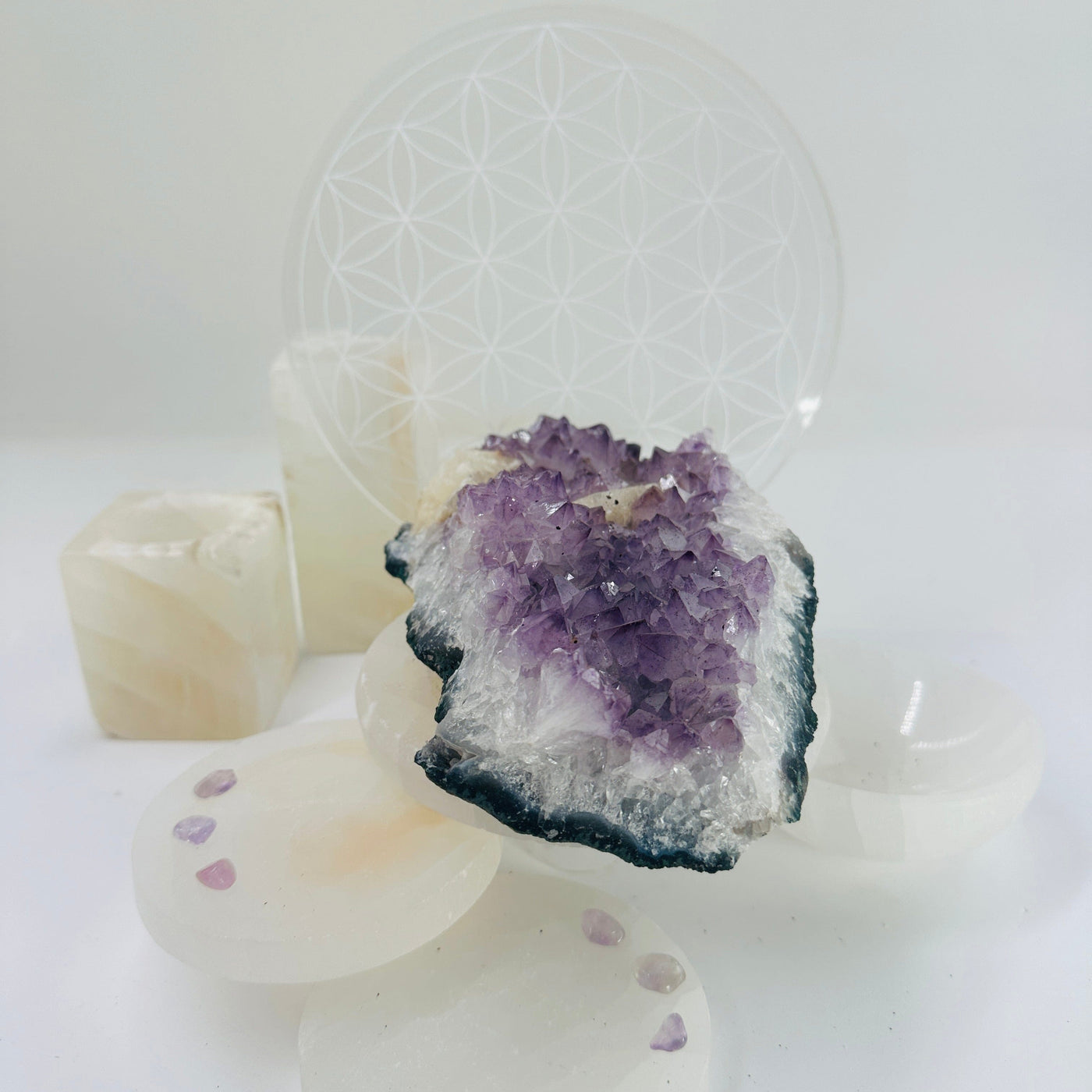 Raw Amethyst Cluster with Calcite - natural amethyst side view