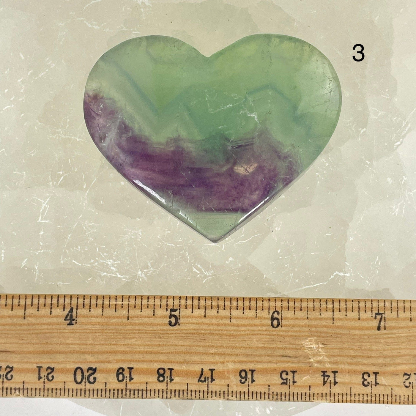 Rainbow Feathered Fluorite Crystal Heart - You Choose variant 3 labeled with ruler for size reference