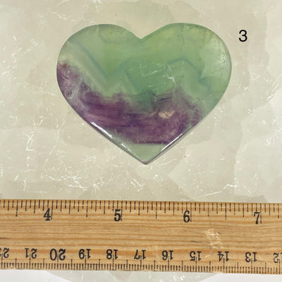 Rainbow Feathered Fluorite Crystal Heart - You Choose variant 3 labeled with ruler for size reference