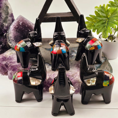  Black Onyx Elephant with Shell and Gemstone Inlays - Carved Stone - YOU CHOOSE all variants at different angles on amethyst platter with props in the background