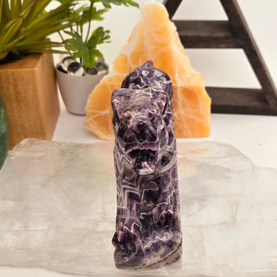 Chevron Amethyst Jaguar Statue - Carved Crystal Wildcat with Base - OOAK front view