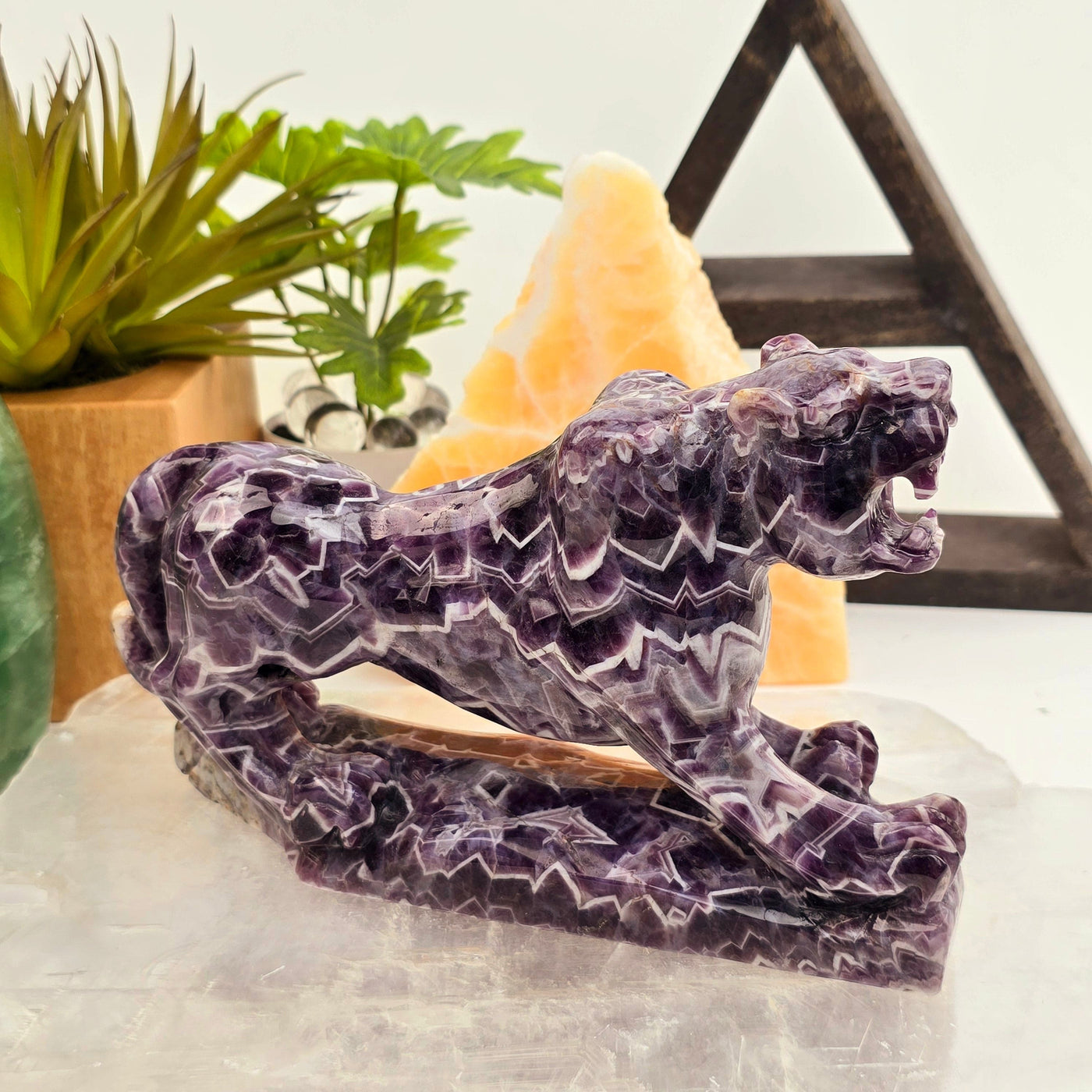 Chevron Amethyst Jaguar Statue - Carved Crystal Wildcat with Base - OOAK side view