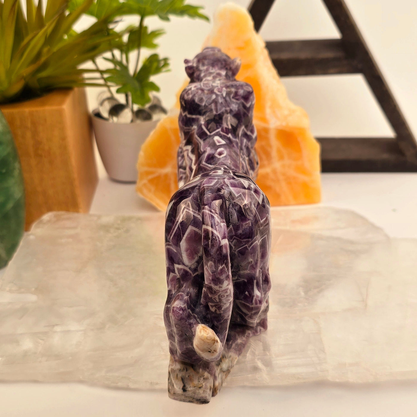 Chevron Amethyst Jaguar Statue - Carved Crystal Wildcat with Base - OOAK back view