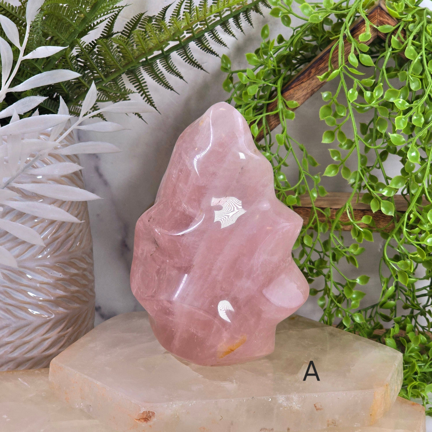 Rose Quartz Flame Tower - Carved Crystal Flame - You Choose variant A labeled