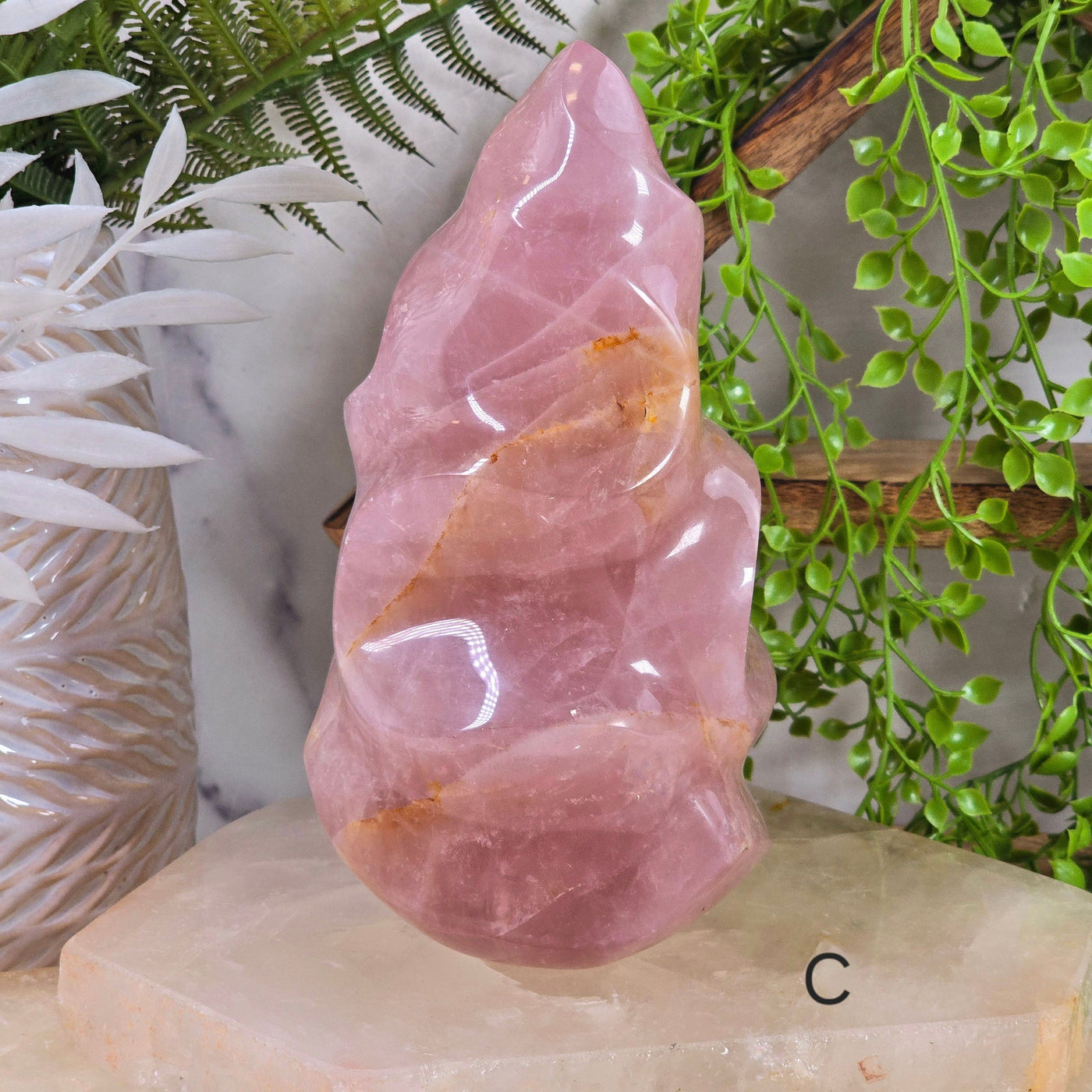 Rose Quartz Flame Tower - Carved Crystal Flame - You Choose variant C labeled