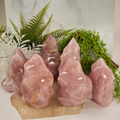  Rose Quartz Flame Tower - Carved Polished Crystal - You Choose all variants with props in the background