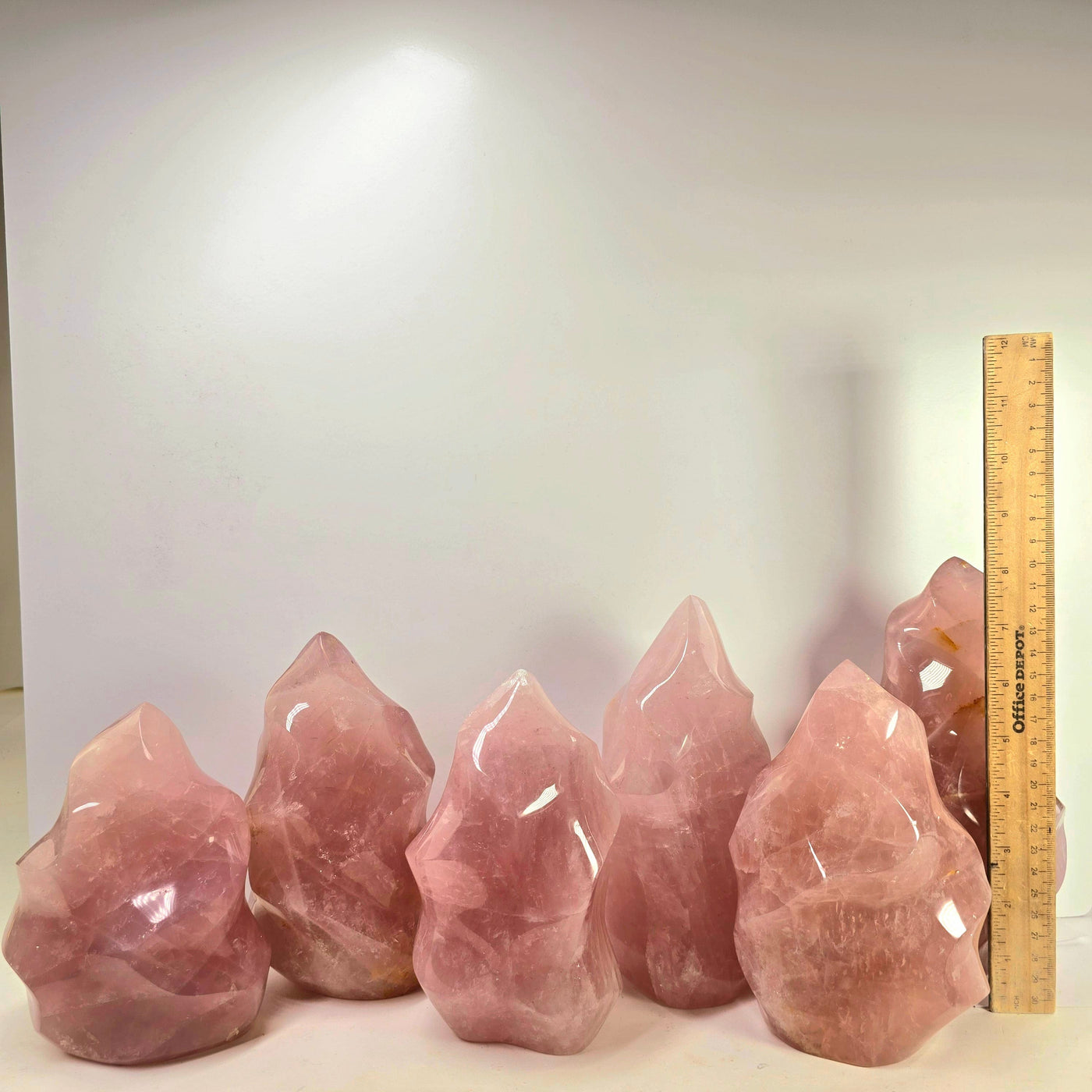  Rose Quartz Flame Tower - Carved Polished Crystal - You Choose all variants next to ruler for size reference