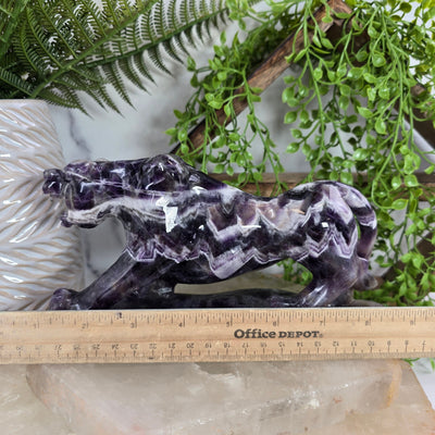 Chevron Amethyst Jaguar Statue - Carved Crystal Wildcat - OOAK with ruler for size reference