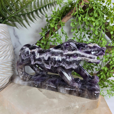 Chevron Amethyst Jaguar Statue - Carved Crystal Wildcat - OOAK side view with props in the background