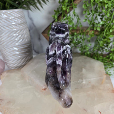 Chevron Amethyst Jaguar Statue - Carved Crystal Wildcat - OOAK back view with props in the background