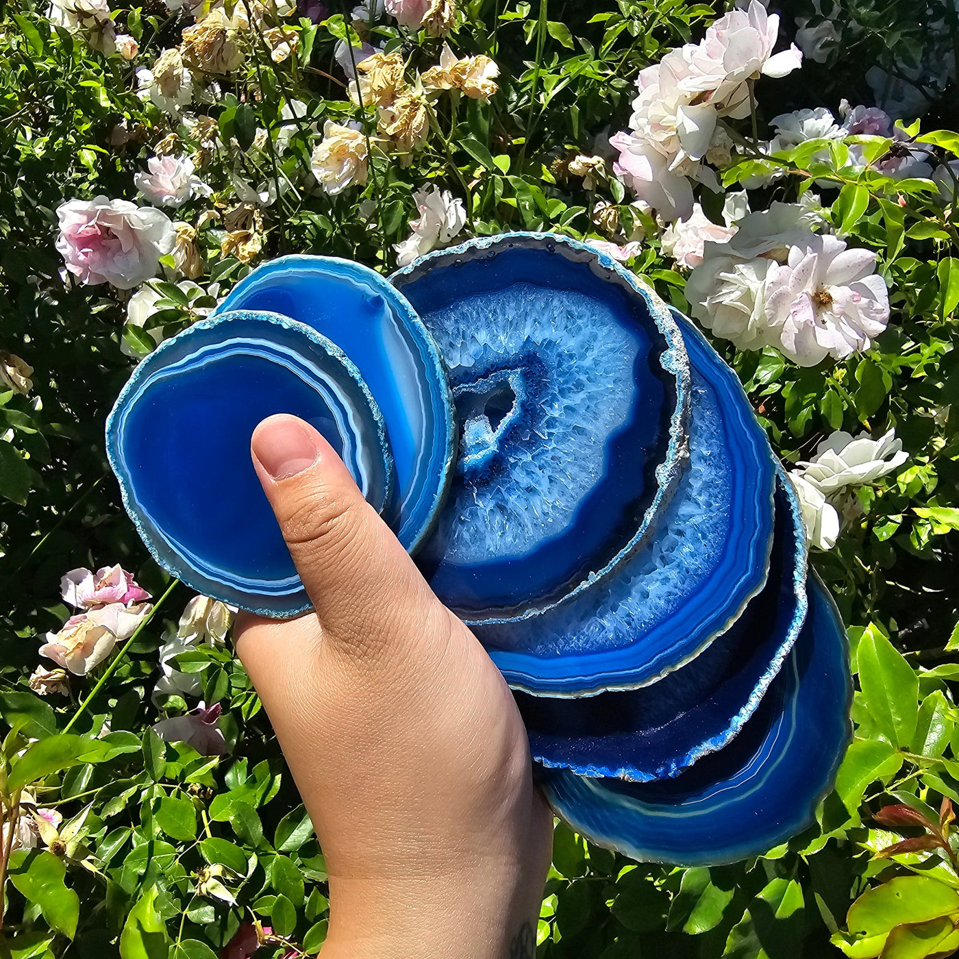 Agate Slice Set - Set of Six Blue Agate Crystal Coasters in hand for size reference