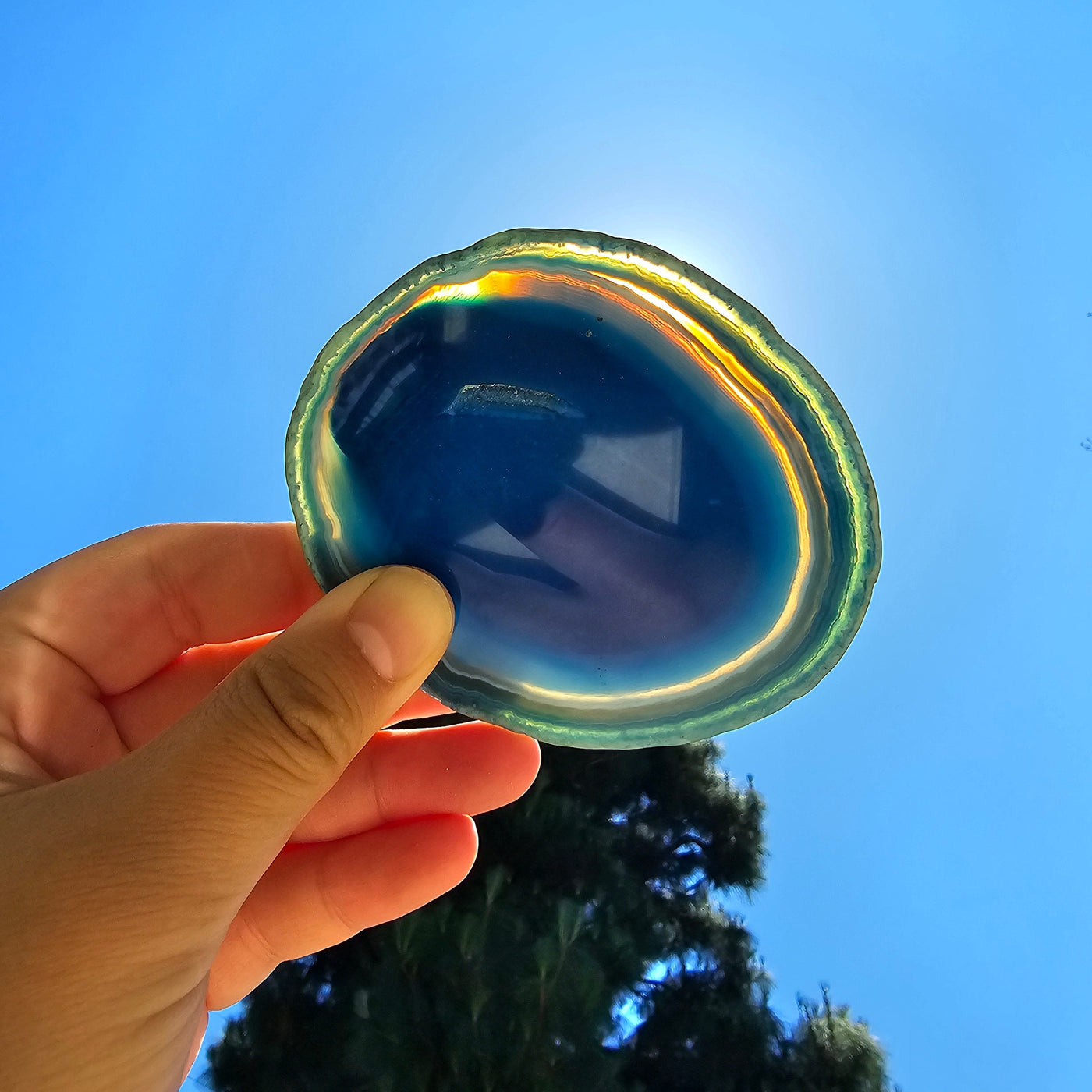 Agate Slice Set - Set of Six Blue Agate Crystal Coasters slice 2 backlit by sun