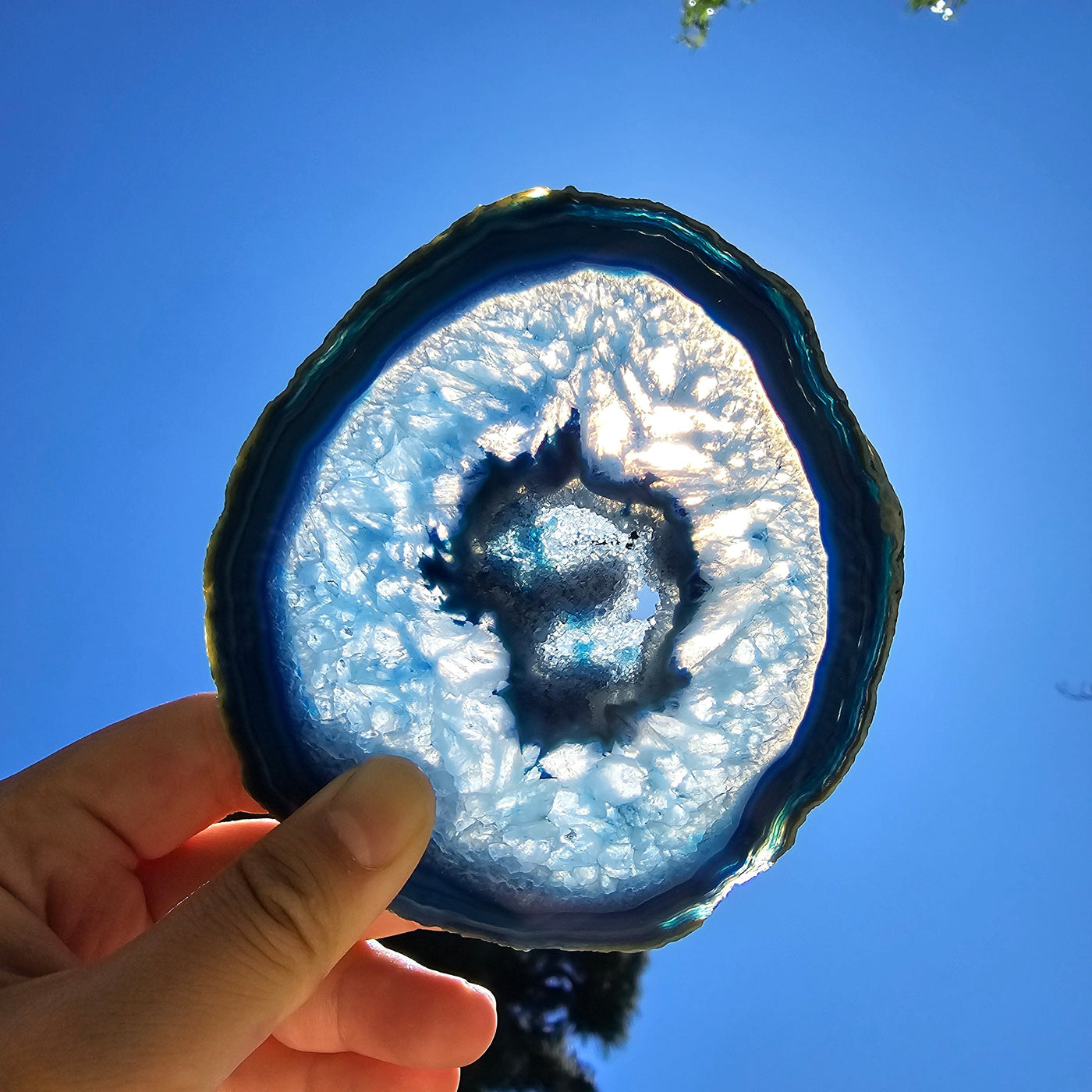 Agate Slice Set - Set of Six Blue Agate Crystal Coasters slice 4 backlit by sun