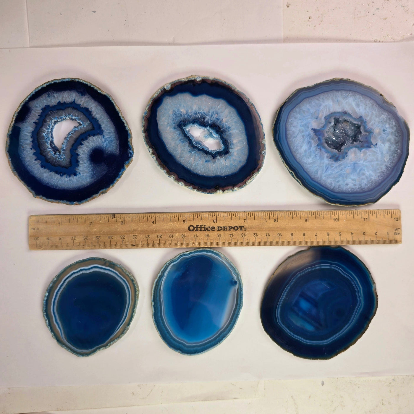 Agate Slice Set - Set of Six Blue Agate Crystal Coasters all slices next to ruler for size reference