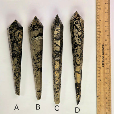 Pyrite Wands - You Choose variants A, B, C, D labeled with ruler for size reference