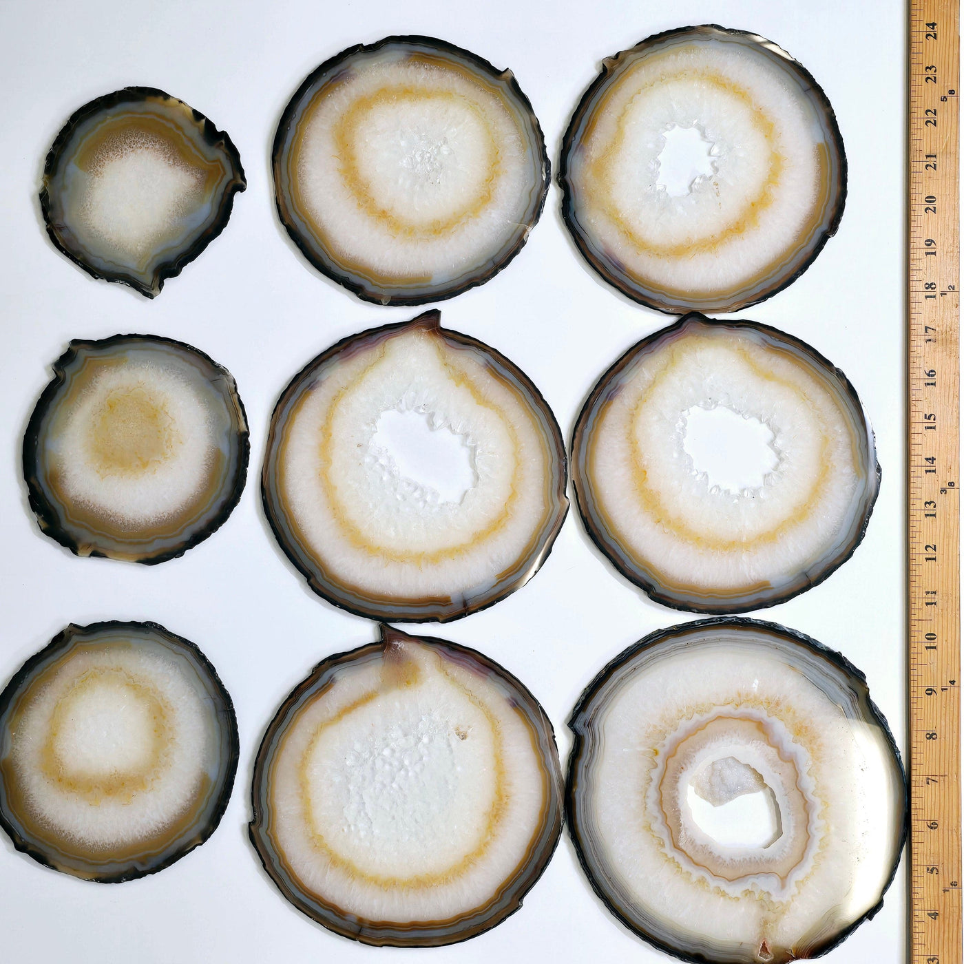 Nine Agate Slices Set all nine agate slices with ruler for size reference