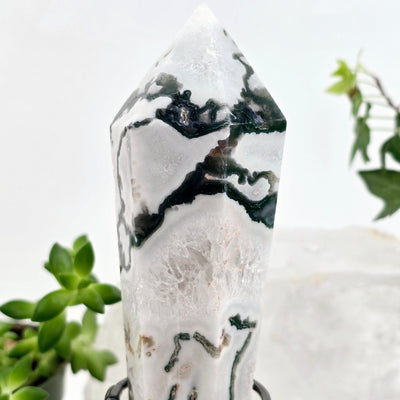 Moss Agate Wand on Stand 2 closeup for detail