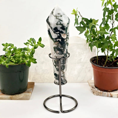 Moss Agate Wand on Stand 2 back view with plants and props in the background