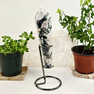 Moss Agate Wand on Stand 2 side view with plants and props in the background