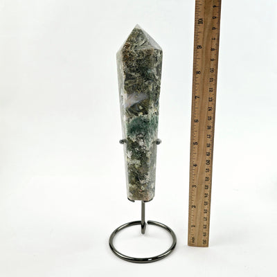 Moss Agate Wand on Stand 3 with ruler for size reference