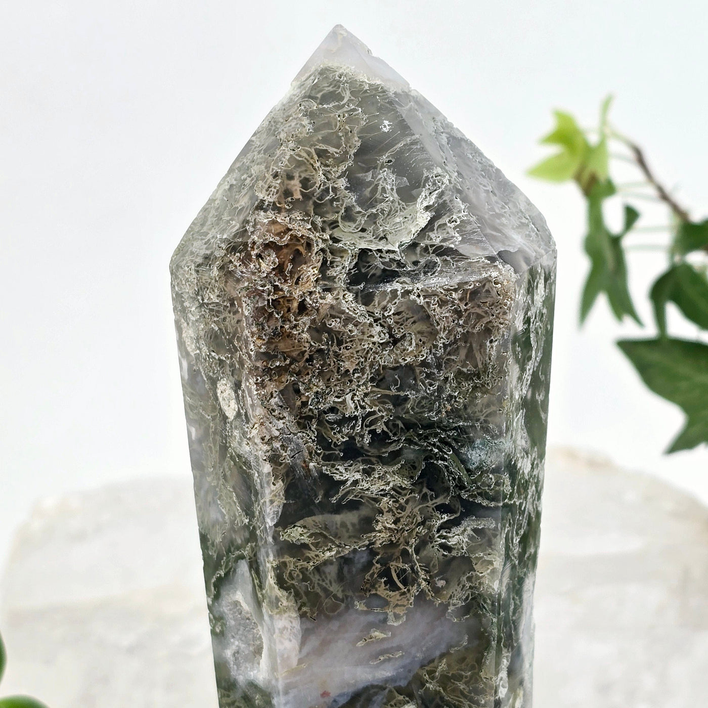 Moss Agate Wand on Stand 3 closeup for detail