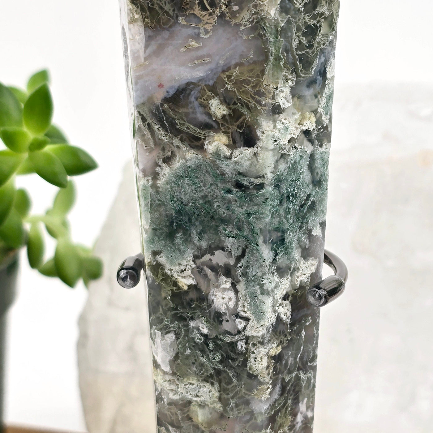 Moss Agate Wand on Stand 3 closeup for detail