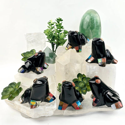 Black Onyx Frog with Shell and Gemstone Inlays - YOU CHOOSE all variants arranged on selenite platforms with green plants and props as accents