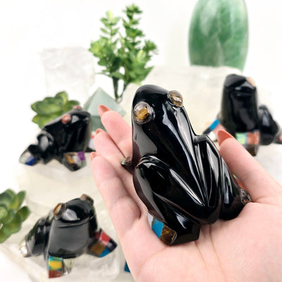 Black Onyx Frog with Shell and Gemstone Inlays - YOU CHOOSE variant 4 in hand for size reference with other variants in the background