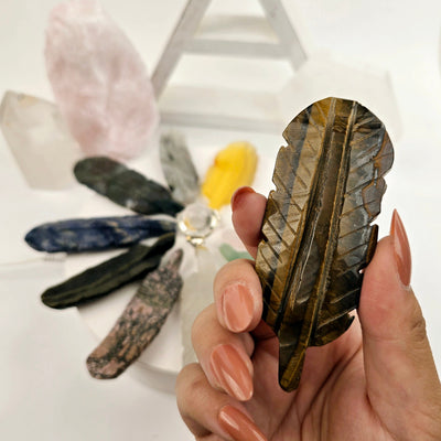 Crystal Feather - You Choose - Tigers Eye variant in hand for size reference with other variants in the background