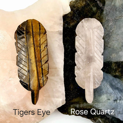 Crystal Feather - You Choose Tigers Eye and Rose Quartz feathers labeled