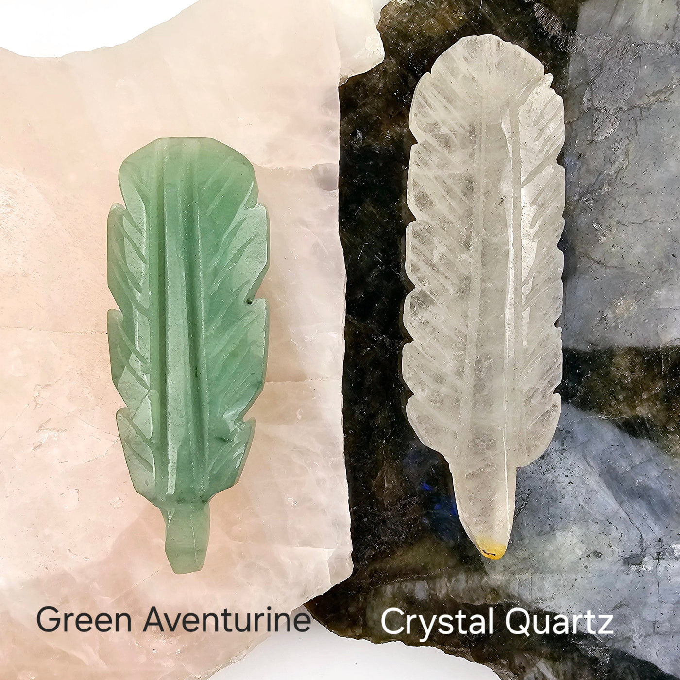 Crystal Feather - You Choose Green Aventurine and Crystal Quartz feathers labeled