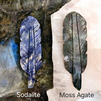 Crystal Feather - You Choose Sodalite and Moss Agate feathers labeled