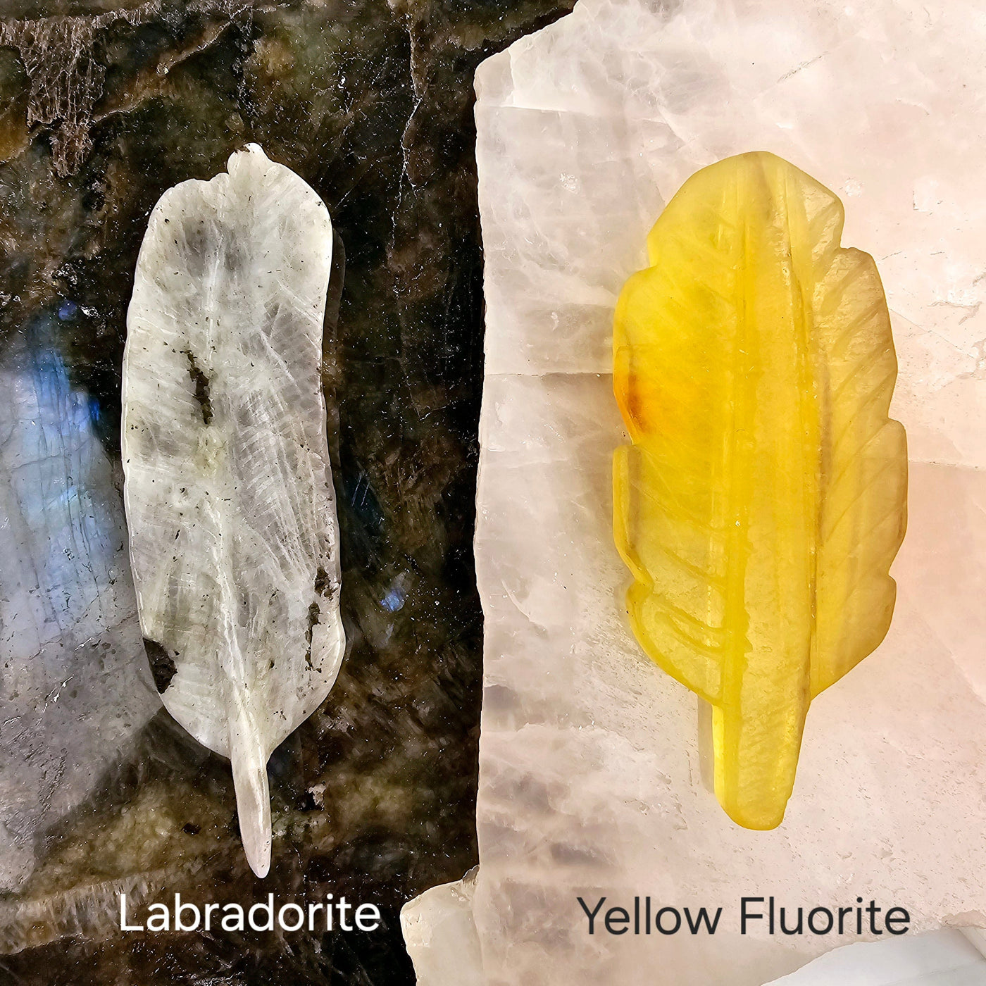 Crystal Feather - You Choose Labradorite and Yellow Fluorite feathers labeled