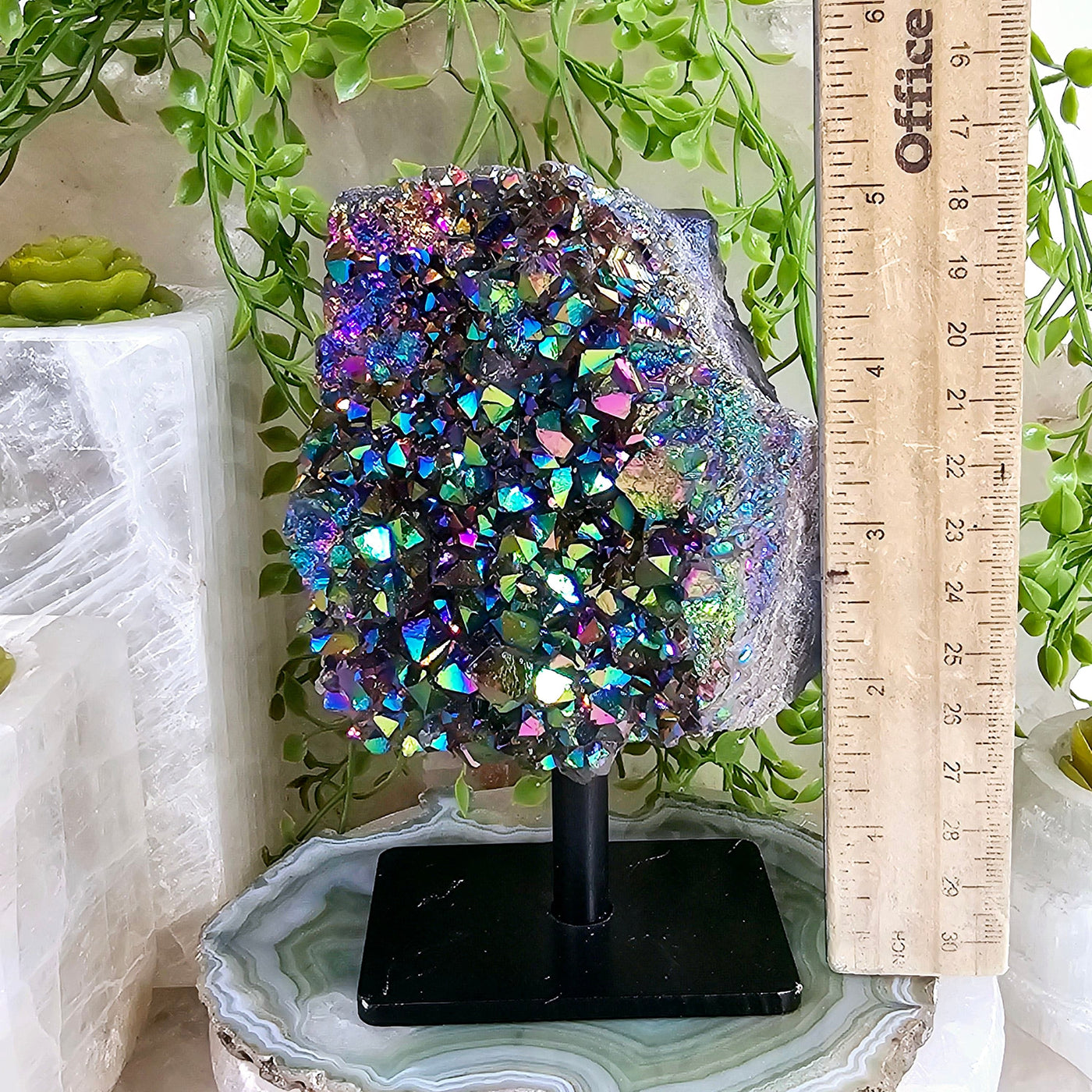 Titanium Coated Amethyst Cluster on Stand with ruler for size reference