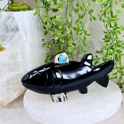 Black Onyx Fish with Shell and Gemstone Inlays side view