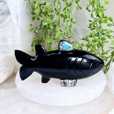 Black Onyx Fish with Shell and Gemstone Inlays other side view