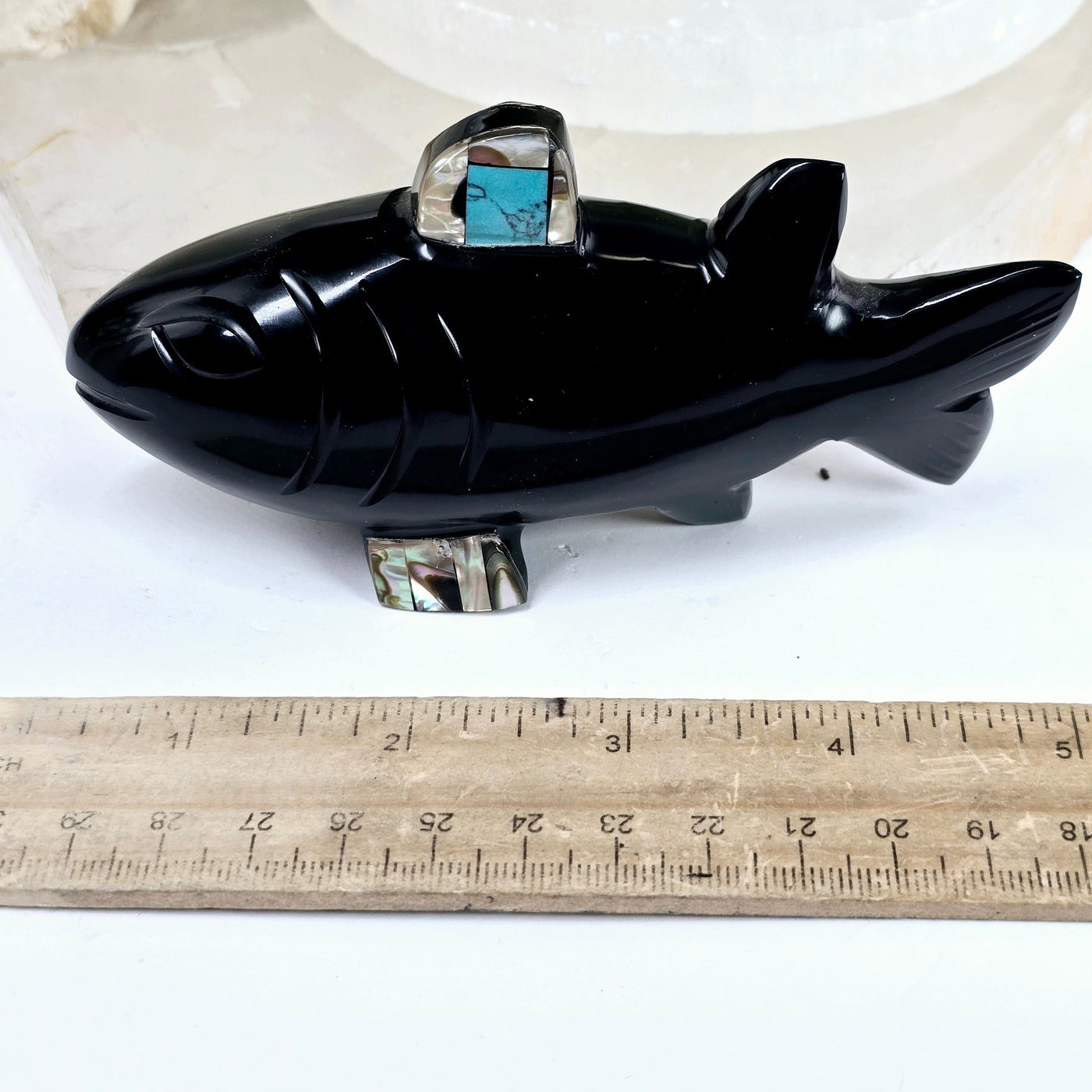 Black Onyx Fish with Shell and Gemstone Inlays side view with ruler for size reference